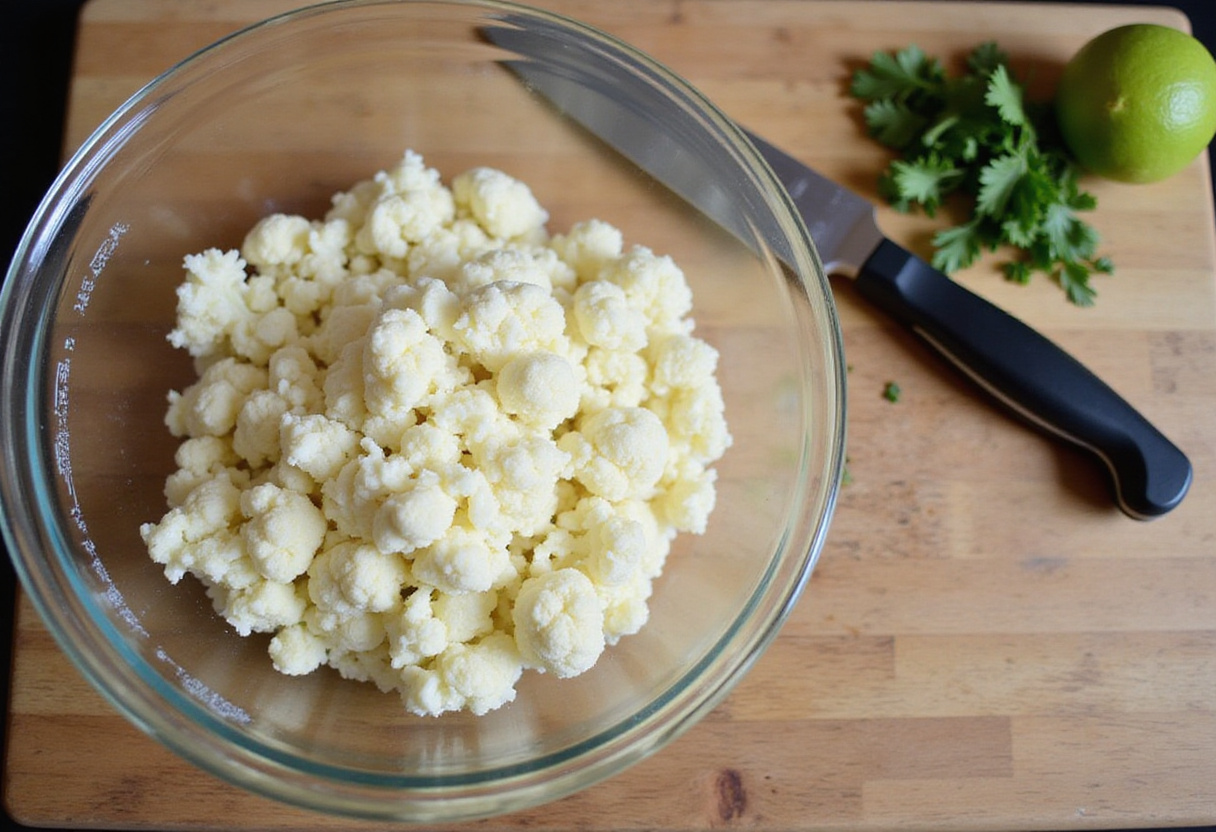 Fresh cauliflower rice being prepared for healthy chicken enchilada bowls, showcasing fresh ingredients and a vibrant presentation.