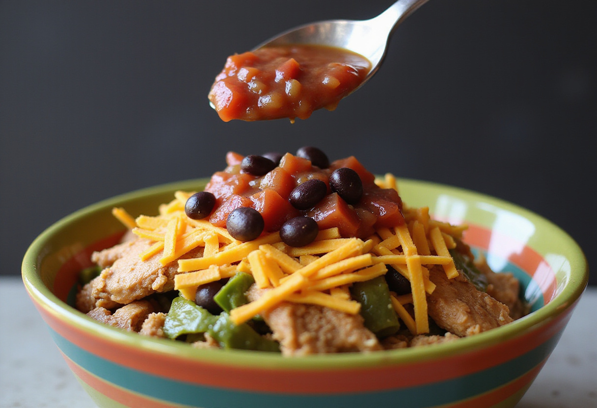 A delicious chicken enchilada bowl layered with ingredients like cheese and salsa, perfect for healthy meal preparation and serving.