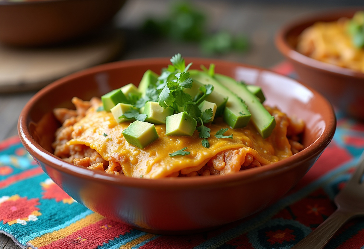 Garnished healthy chicken enchilada bowl ready to serve, featuring fresh toppings and a vibrant display.