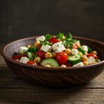 Final presentation of a Healthy Chickpea Cucumber Salad with Feta and Tomatoes showcasing freshness and nutrition, perfect for diet-conscious eaters.