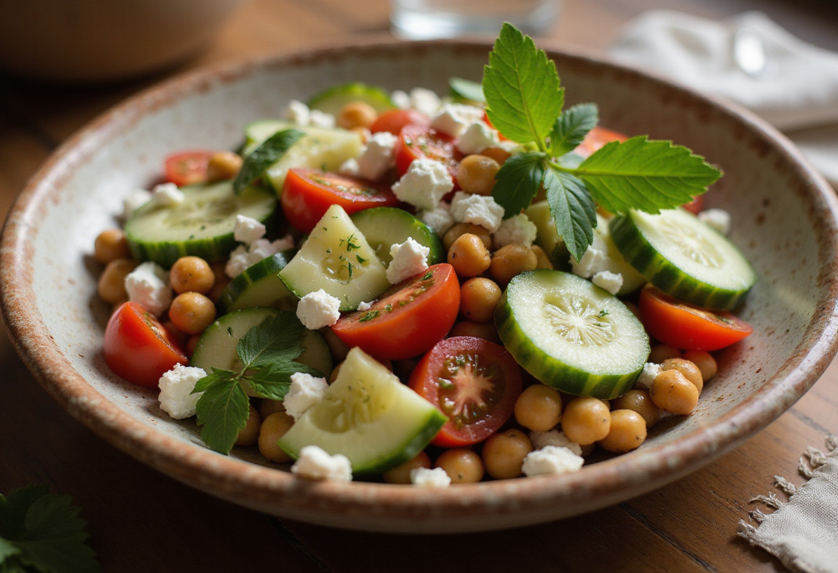 Final presentation of a Healthy Chickpea Cucumber Salad with Feta and Tomatoes showcasing freshness and nutrition, perfect for diet-conscious eaters.