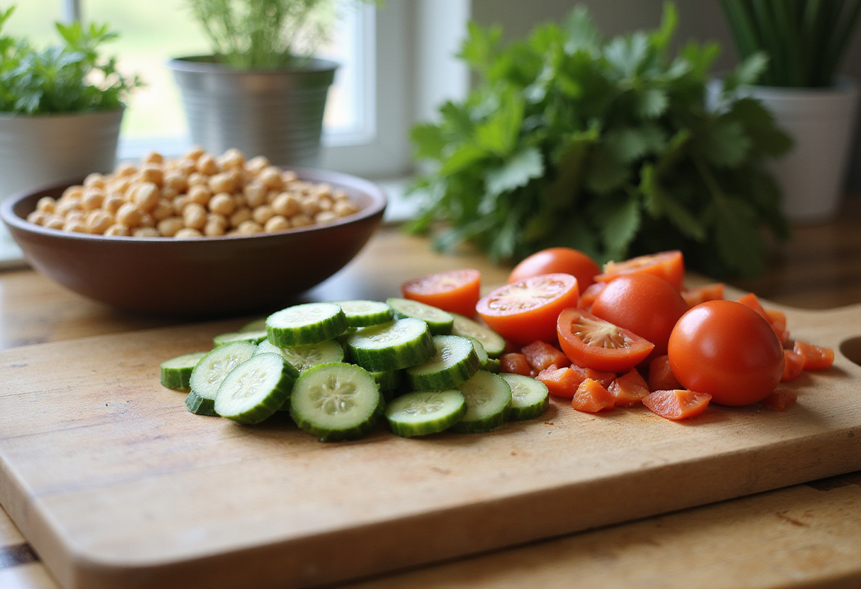 Healthy Chickpea Cucumber Salad prep with diced cucumbers and tomatoes for a nutritious dietitian recipe featuring chickpeas.