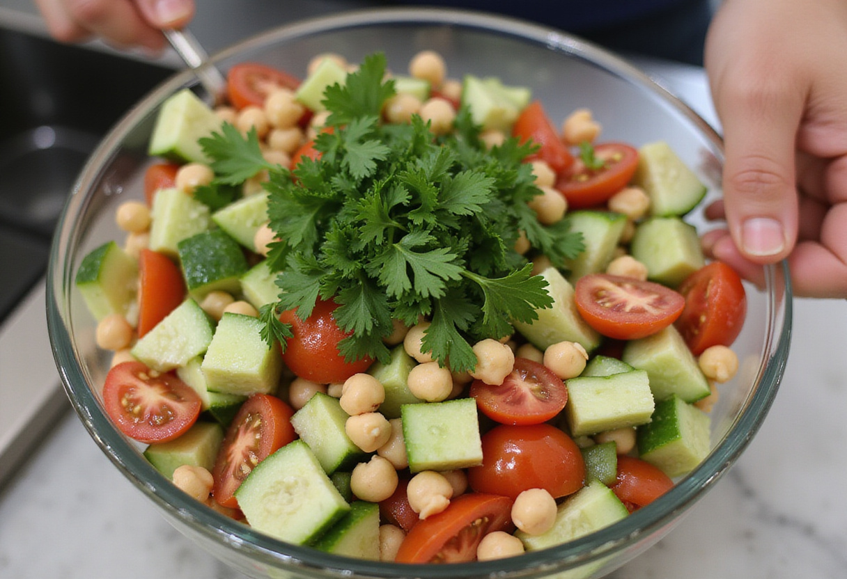 Creating a Healthy Chickpea Cucumber Salad in a mixing bowl with cucumbers, tomatoes, chickpeas, and parsley for a refreshing dietary dish.