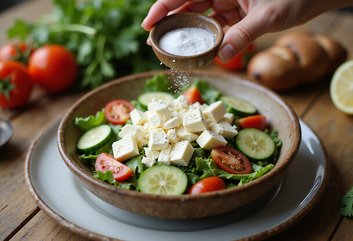Adding crumbled feta cheese and seasonings to a Healthy Chickpea Cucumber Salad for a flavorful and healthy dish enjoyed by diet experts.