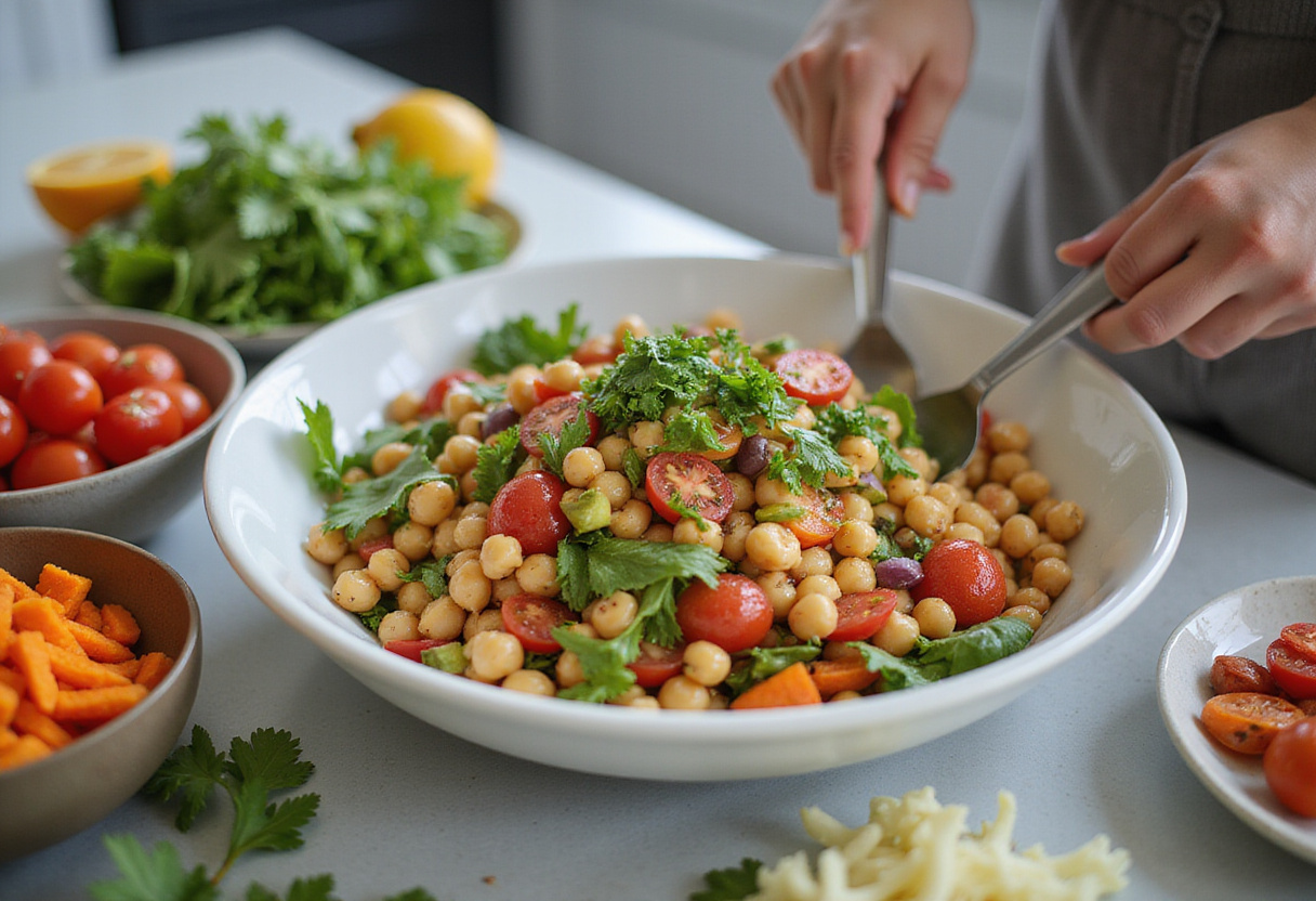Tossing together a Healthy Chickpea Cucumber Salad for a fresh, healthy meal packed with nutrients, ideal for any diet plan.