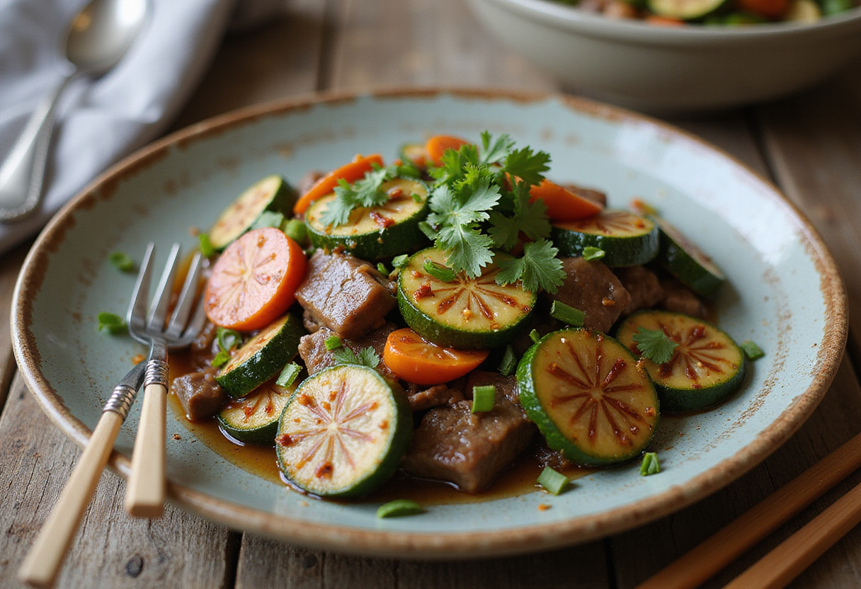 Healthy zucchini beef stir-fry served on a plate, a quick and nutritious meal option bursting with fresh flavors.