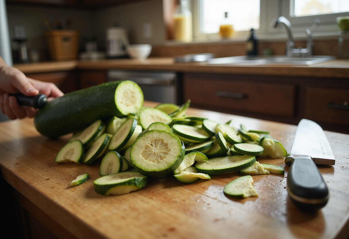 Fresh zucchini being sliced for a healthy beef stir-fry rich in nutrients and flavor.
