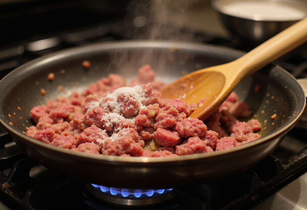 Ground beef sizzling in a skillet, an essential step in preparing a quick and nutritious zucchini beef stir-fry.