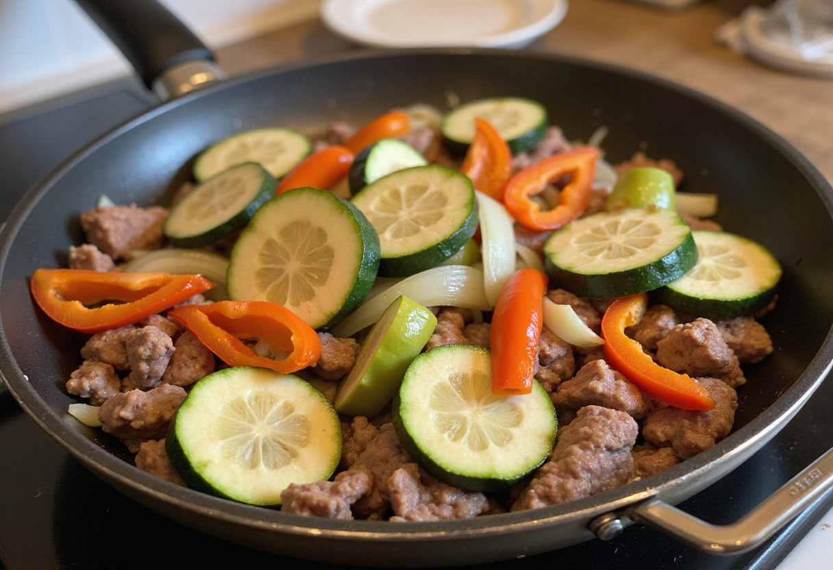 Colorful vegetables combining with ground beef in a skillet, essential for a delicious and healthy zucchini beef stir-fry.