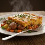Finished Hobo Casserole with Ground Beef & Potatoes presented on a plate, showcasing a hearty meal ready to be enjoyed.