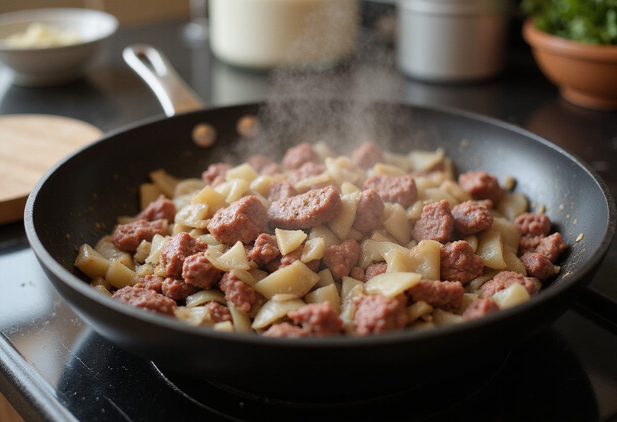 Hobo Casserole with Ground Beef & Potatoes cooking ground beef and onions in a frying pan on the stove.
