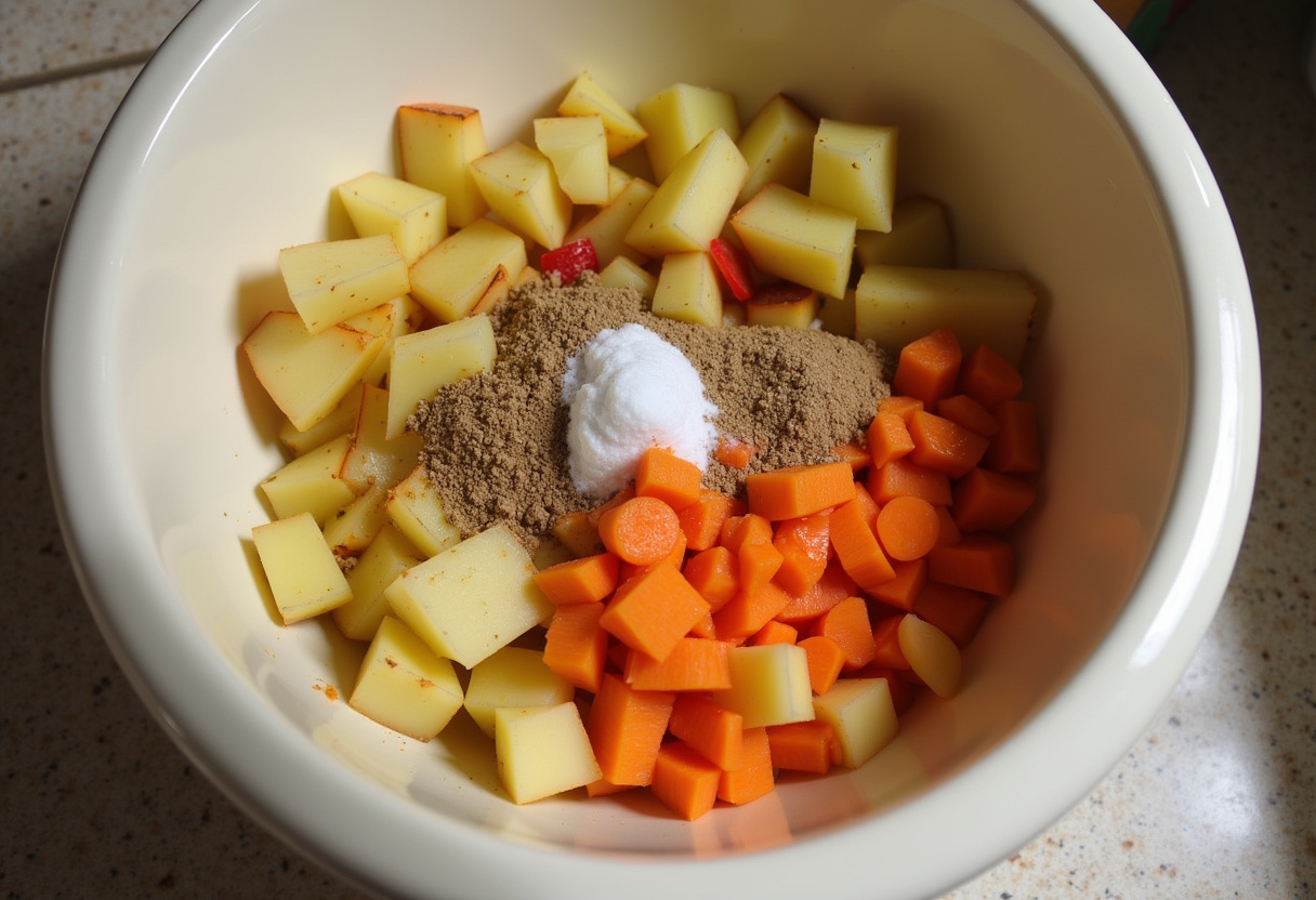 Preparation of Hobo Casserole with Ground Beef & Potatoes with fresh ingredients chopped in a bowl before baking.