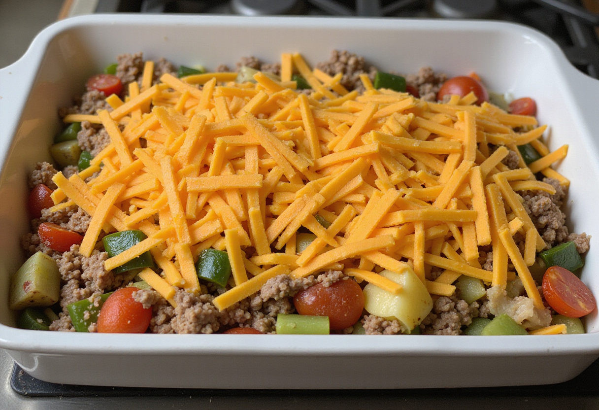 Hobo Casserole with Ground Beef & Potatoes assembled with layers of ingredients in a baking dish ready for the oven.