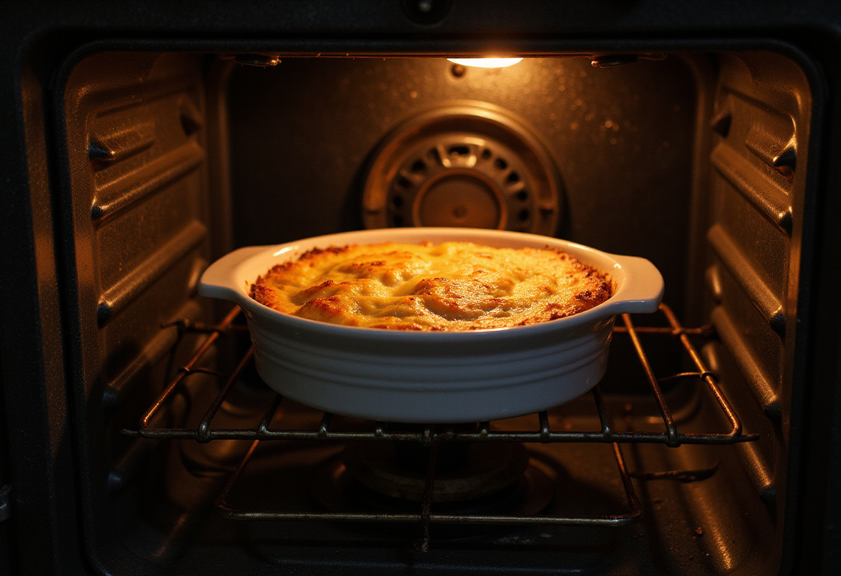 Delicious Hobo Casserole with Ground Beef & Potatoes baking in the oven, bringing a comforting smell to the kitchen.