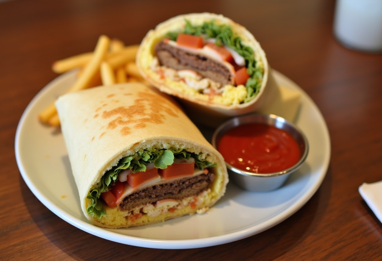 Final presentation of Homemade Big Mac Wraps sliced, showcasing layers of ingredients with fries, perfect for enjoying a tasty meal.