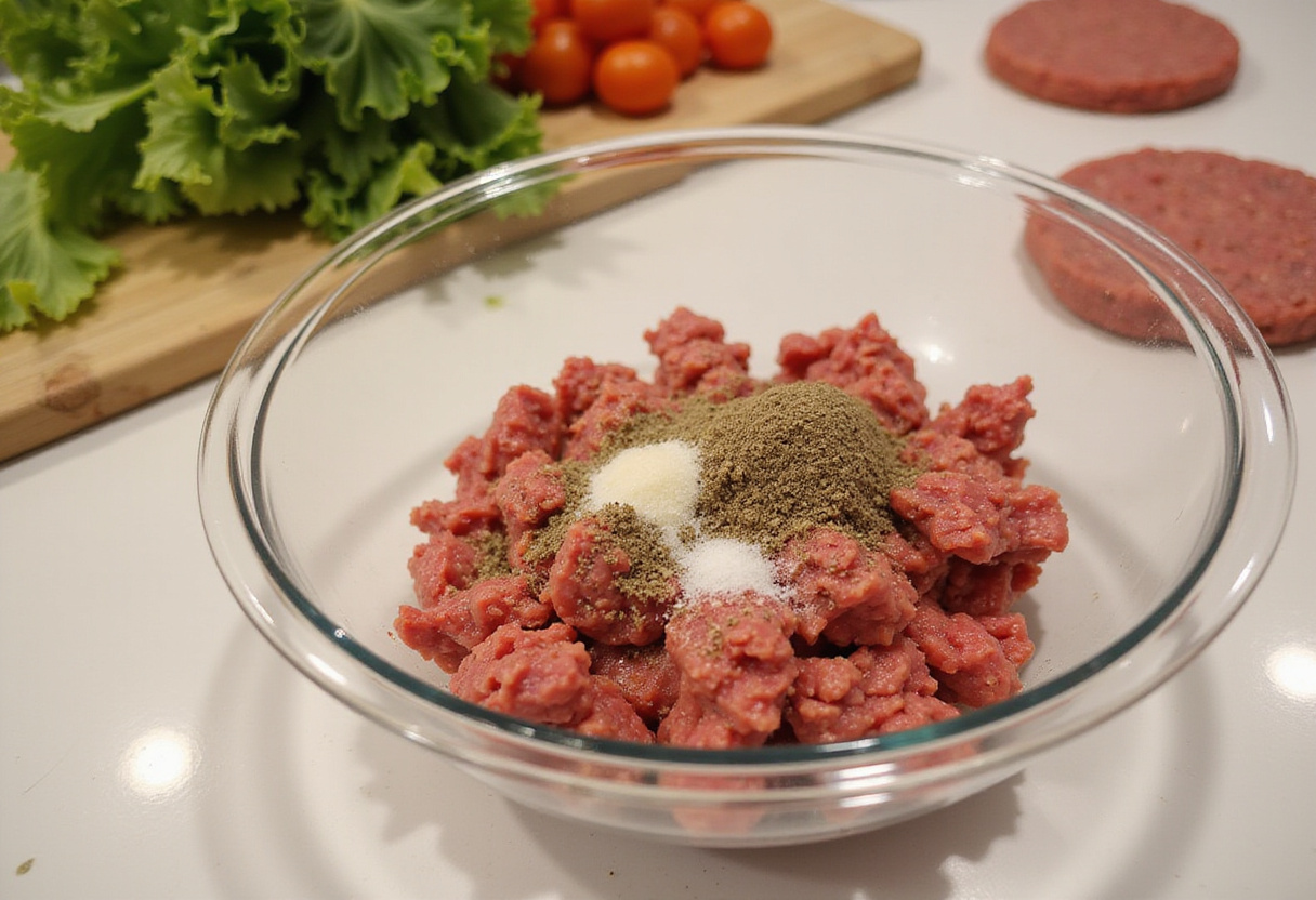Homemade Big Mac Wraps ingredients, ground beef seasoned for patties, fresh vegetables, cooking preparation.