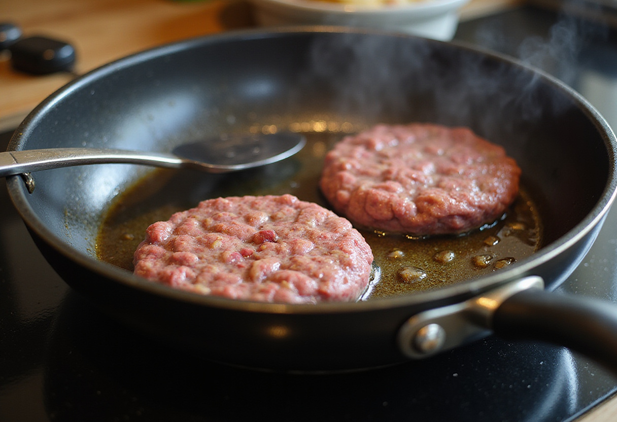 Cooking beef patties on stovetop for Big Mac Wraps, sizzling sound, preparing delicious toppings like cheese, lettuce.