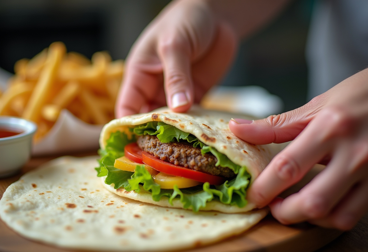Wrapping the ingredients for Homemade Big Mac Wraps, special sauce ready for delicious flavor, assembling fresh ingredients.
