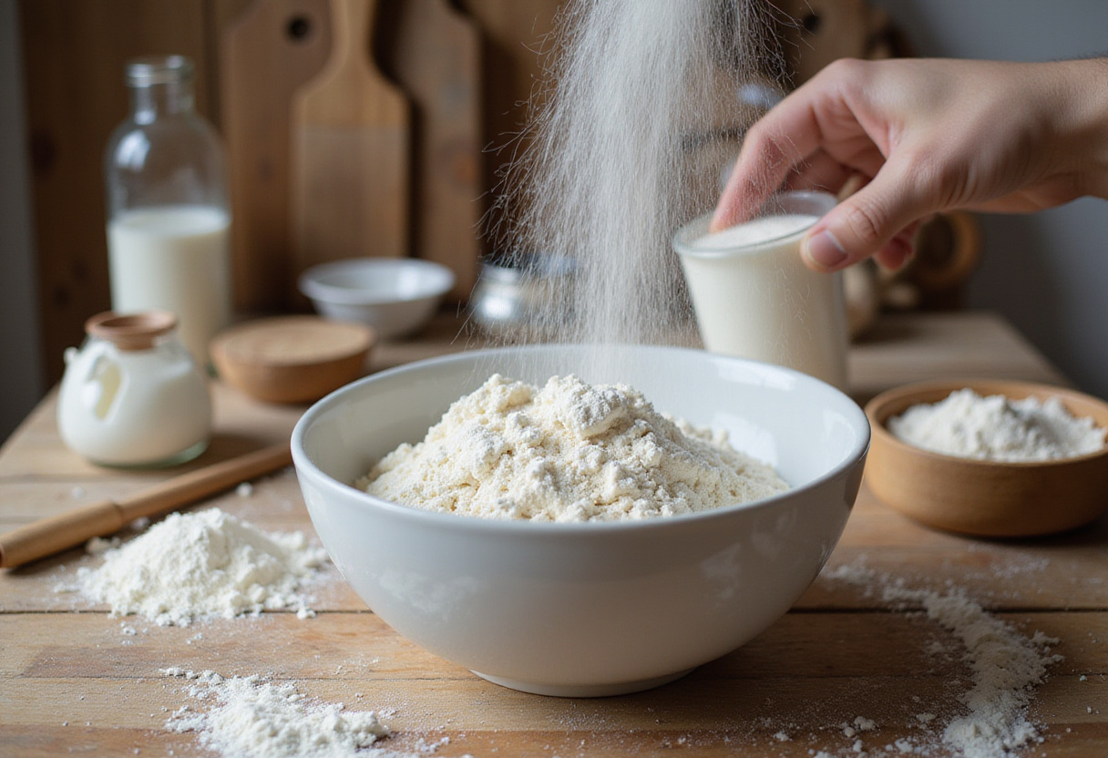 Mixing ingredients for homemade cheesy breadsticks with flour, yeast, and sugar in a sunny kitchen ambiance.