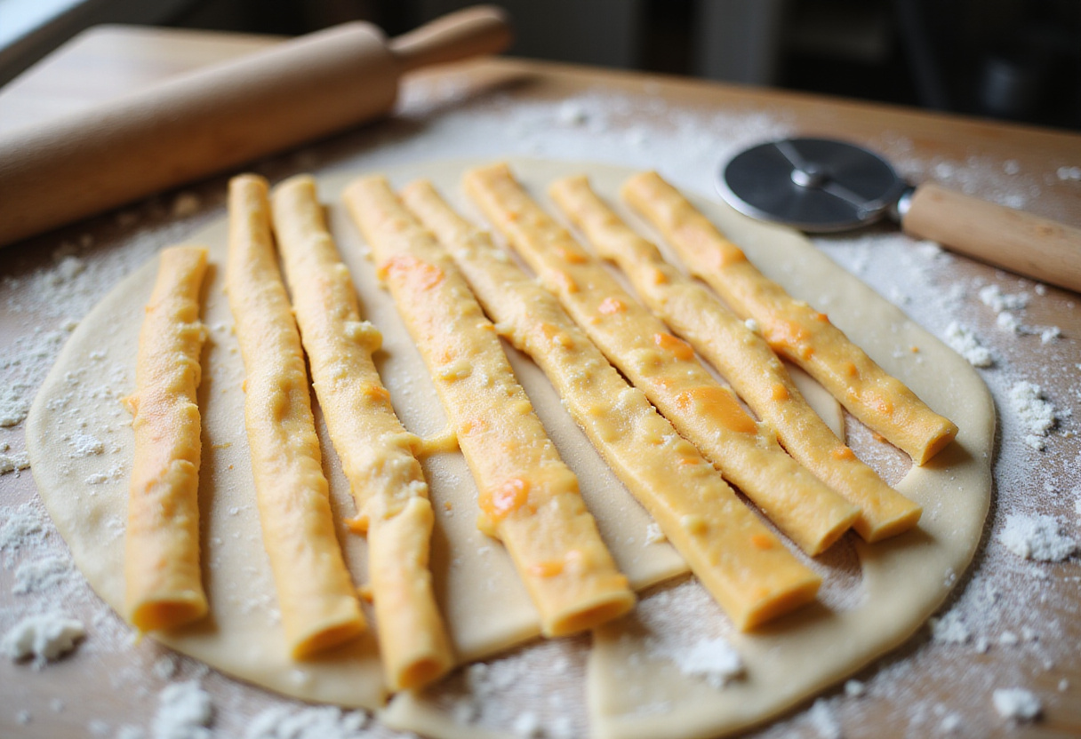 Rolling out dough for homemade cheesy breadsticks on a floured surface, showcasing the shaping process and inviting textures of the breadsticks.
