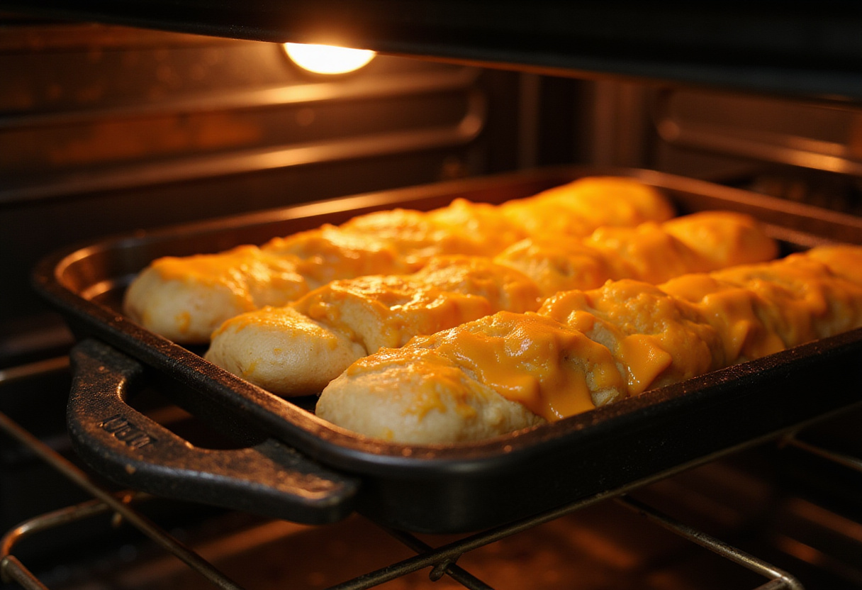 Baking homemade cheesy breadsticks in a preheated oven, highlighting the final stages of preparation with a cozy kitchen atmosphere.