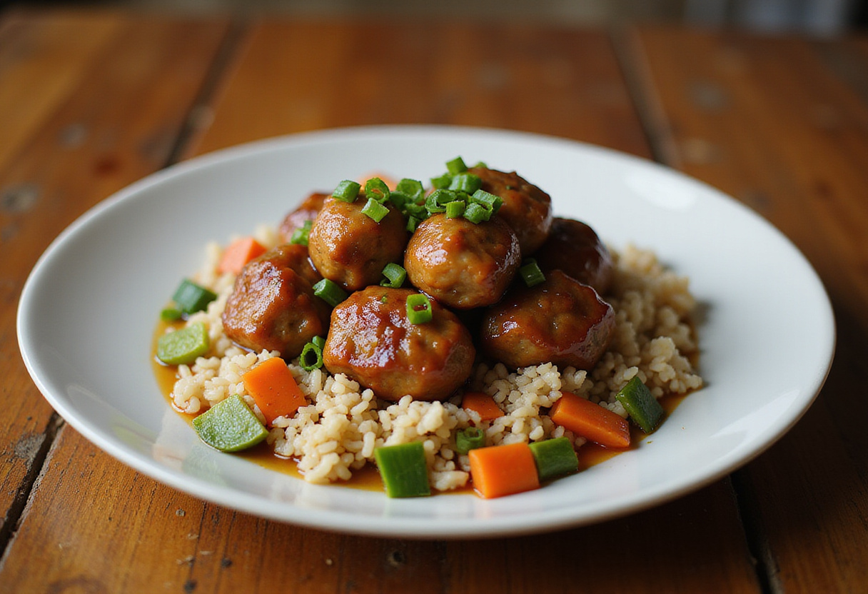 Delicious honey garlic turkey meatballs served with rice and veggies, a perfect meal for any occasion.