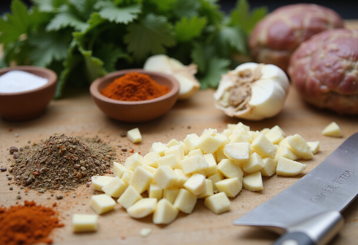 Prepare garlic and herbs for honey garlic turkey meatballs, essential ingredients for flavor.