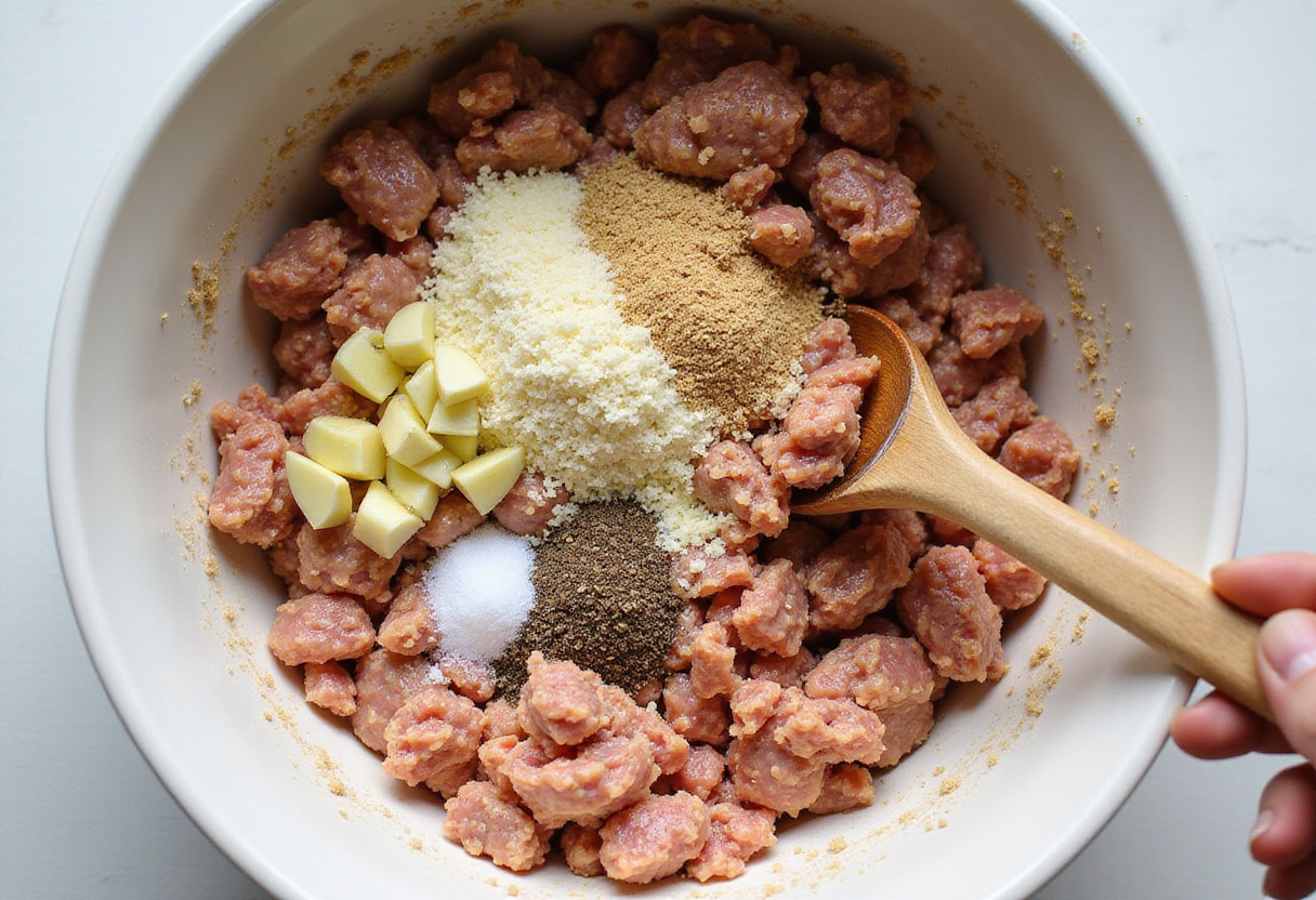 Mixing ingredients for honey garlic turkey meatballs, including ground turkey and spices.