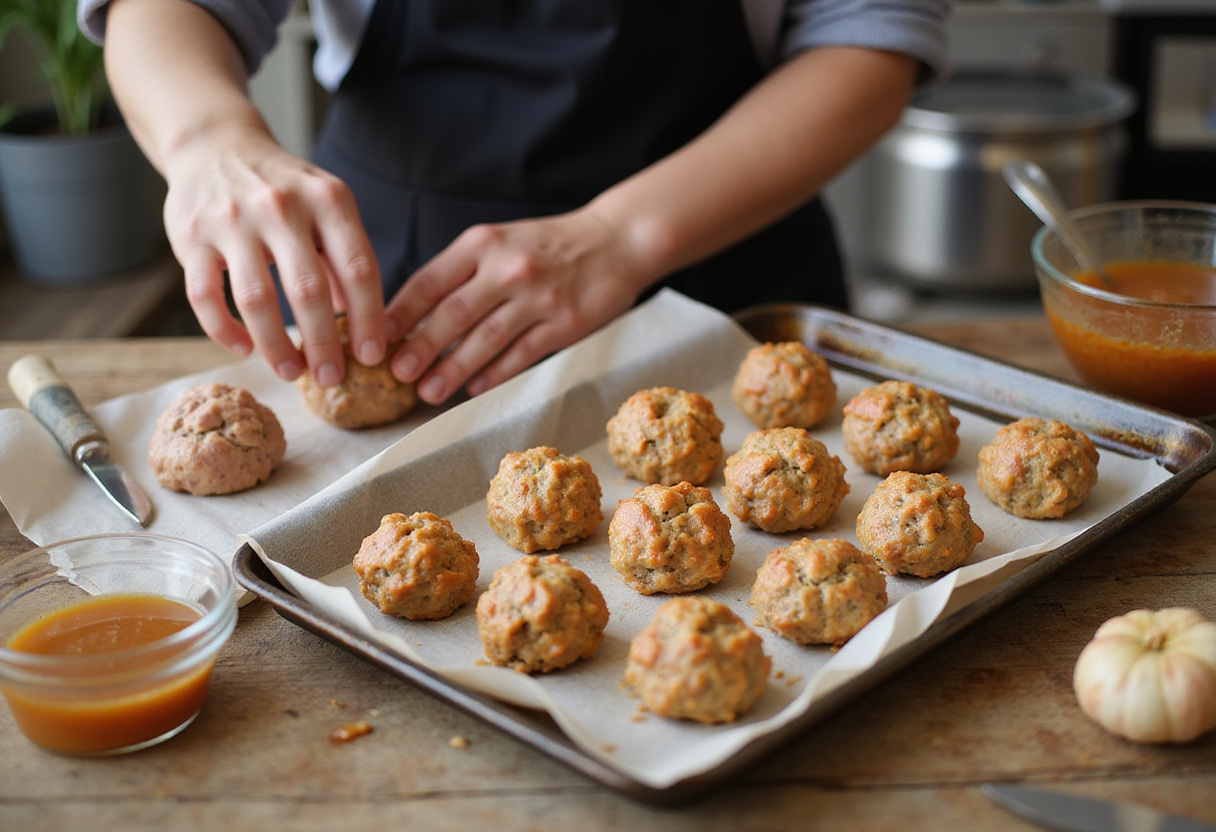 Shaping turkey meatballs for honey garlic turkey meatballs recipe, preparing for cooking.