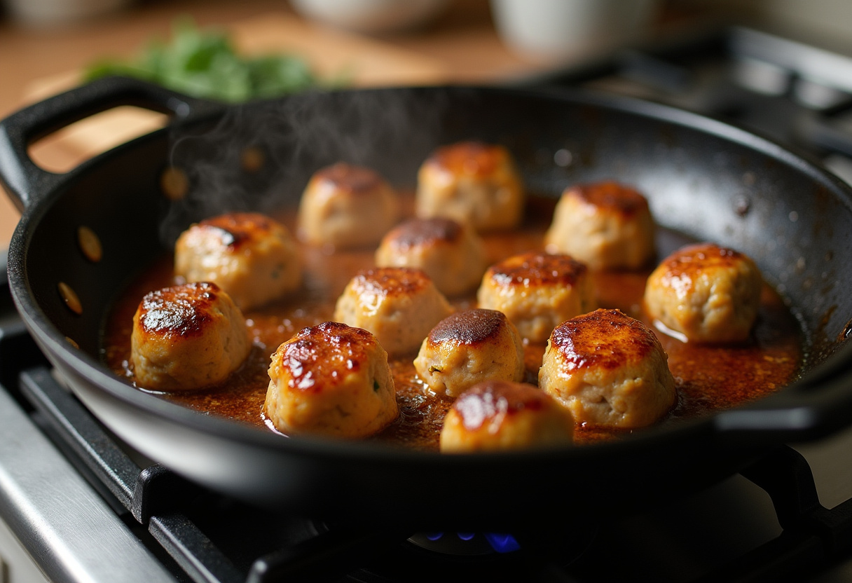 Cooking honey garlic turkey meatballs in a pan, showcasing the preparation process.