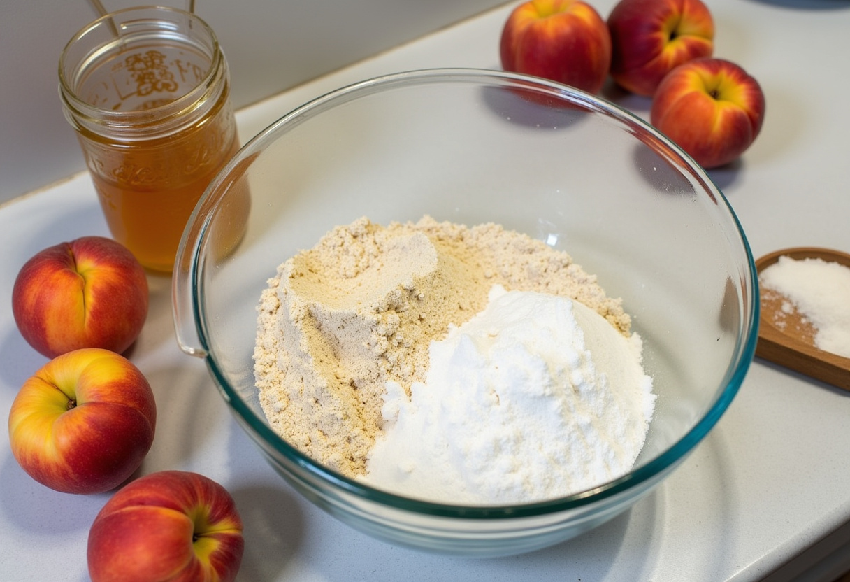 Mixing dry ingredients for Honey Peach Cream Cheese Cupcakes with fresh peaches and honey on the kitchen countertop.