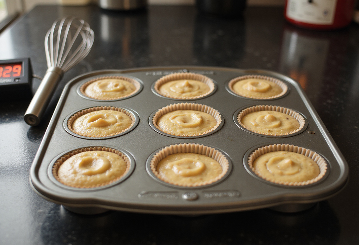 Filling muffin tin with batter for Honey Peach Cream Cheese Cupcakes, capturing the baking preparations.
