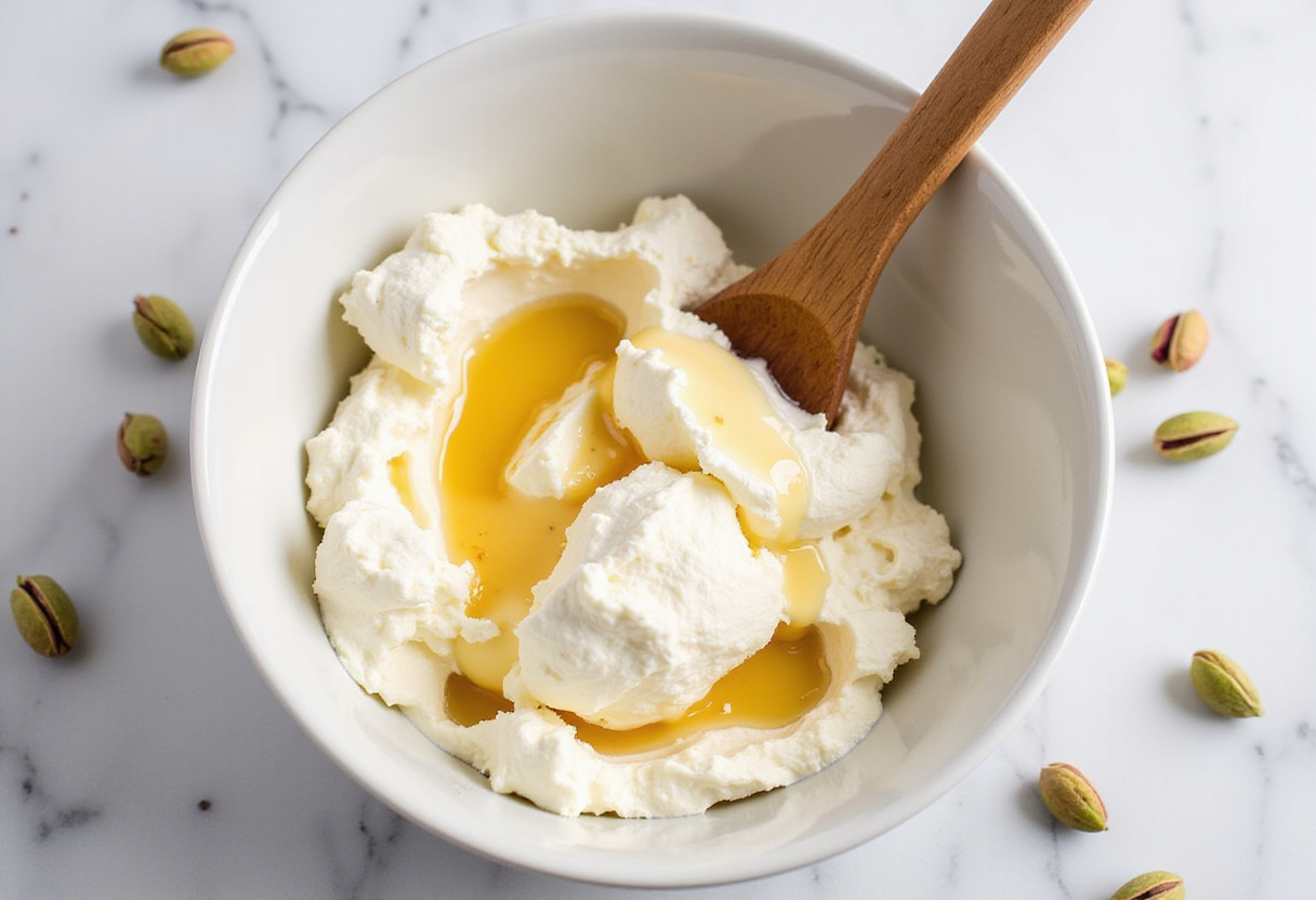 Making Honey Pistachio Ricotta filling for stuffed dates with fresh ingredients and a rustic marble setting.