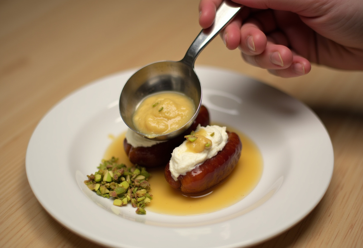 Stuffing the dates with sweet ricotta and honey mixture, highlighting the creamy texture and the inviting look of the stuffing process.