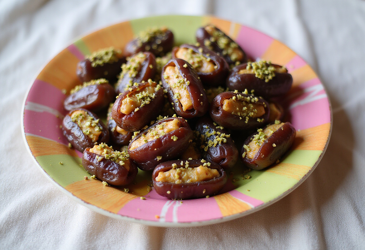 Gorgeous presentation of Honey Pistachio Ricotta Stuffed Dates on a decorative plate, showcasing the delicious and colorful final dish.
