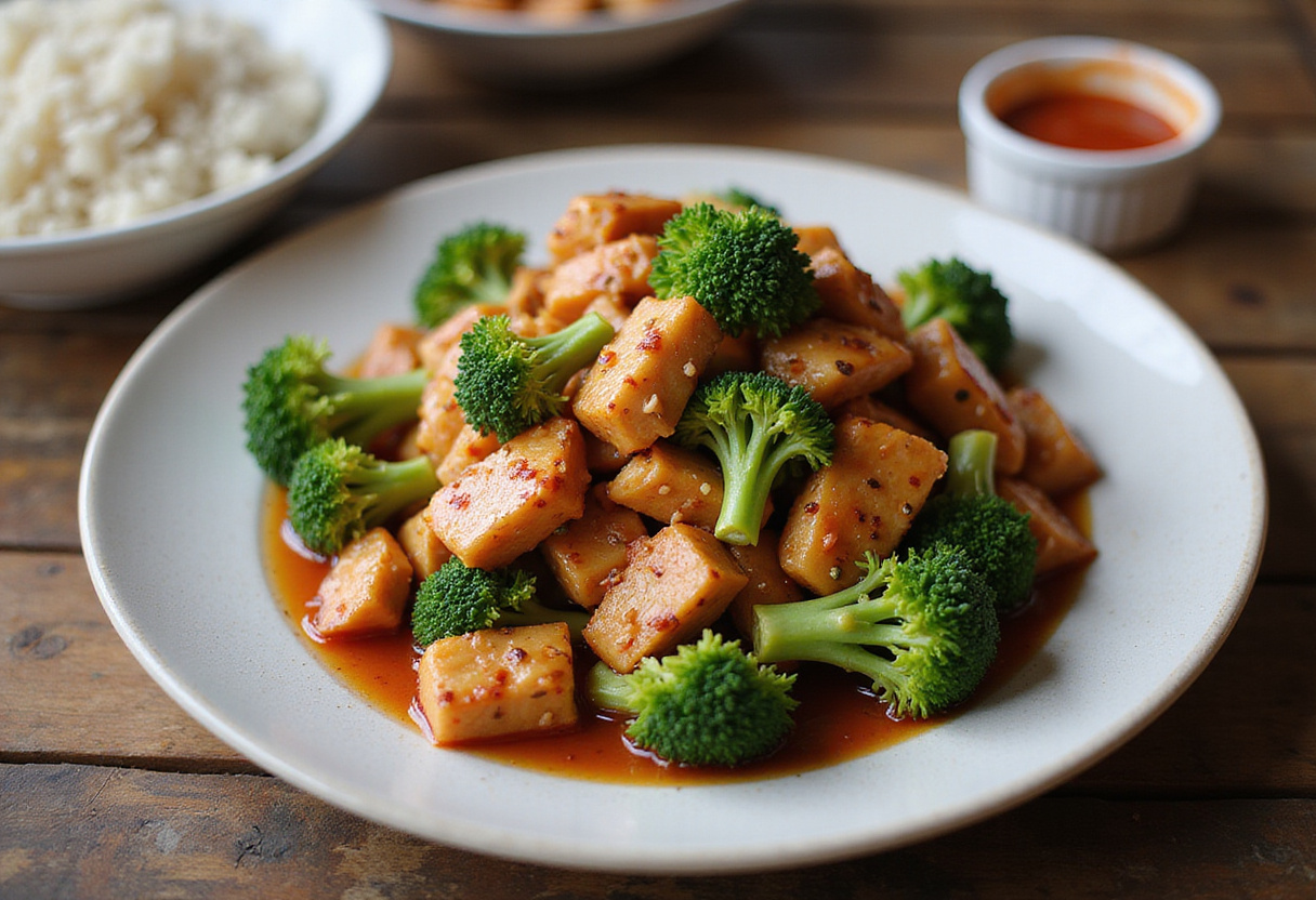 Final presentation of Honey Sriracha Ground Chicken and Broccoli, served with rice and dipping sauce, perfect for a family meal.
