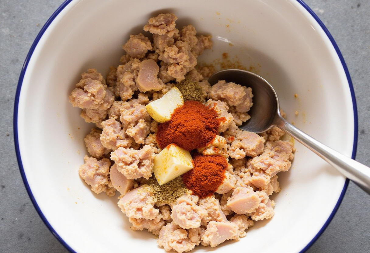 Honey Sriracha Ground Chicken preparation with seasonings and ingredients in a mixing bowl.