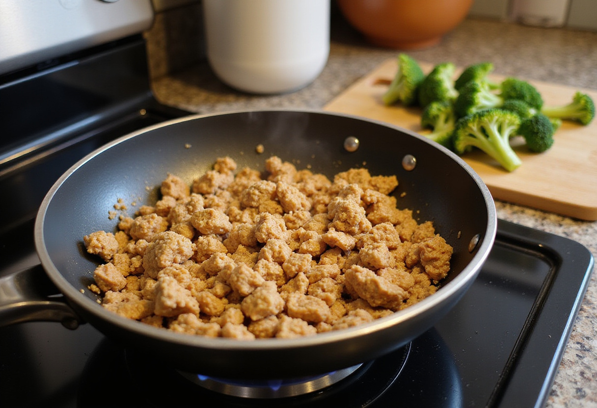Cooking ground chicken for Honey Sriracha Chicken stir-fry with broccoli on the stovetop.