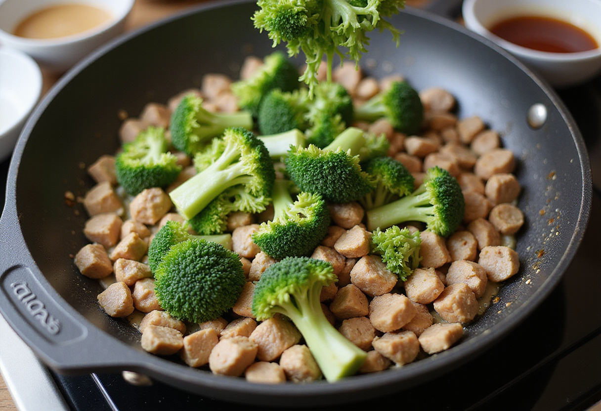 Combining fresh broccoli with honey sriracha ground chicken in a skillet for stir-fry perfection.