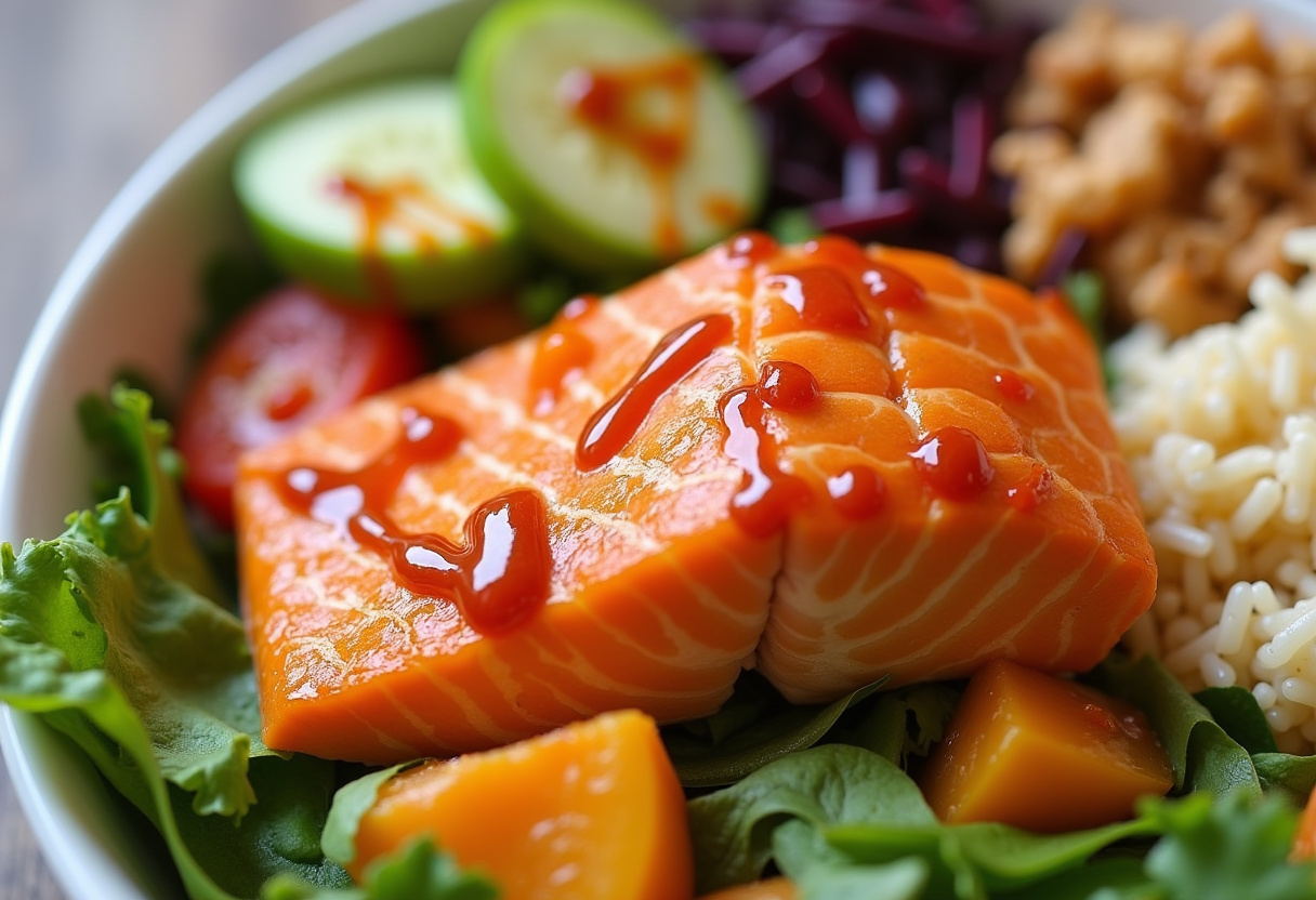 Close-up of an exquisite Honey Sriracha Salmon Bowl featuring marinated salmon, fresh vegetables, and bright garnishes for a perfect meal.