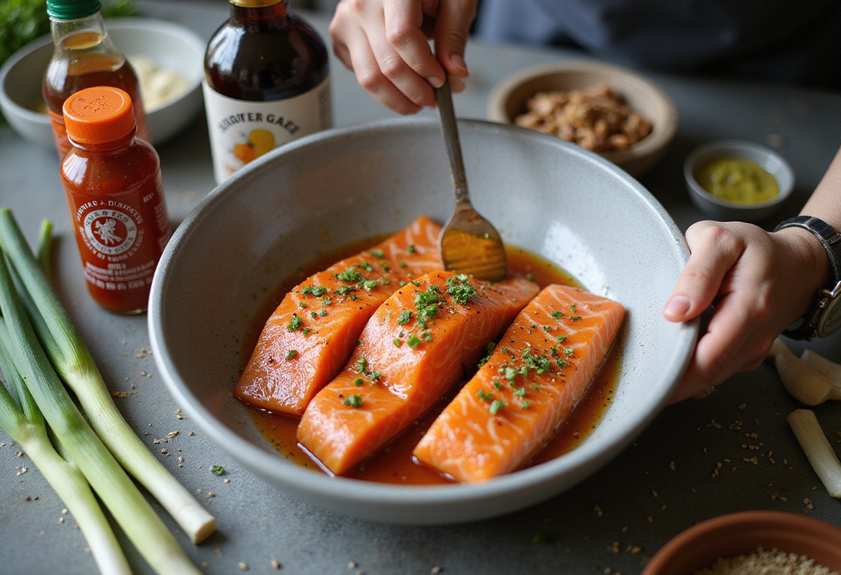 Honey Sriracha Salmon recipe with homemade marinade preparation featuring fresh salmon fillets and vibrant ingredients.