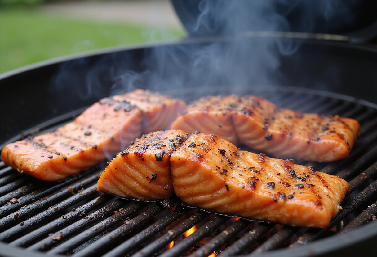 Grilled Honey Sriracha Salmon fillets cooking on the grill, highlighting the vibrant flavors and caramelization process.