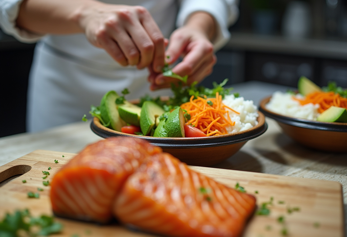 Healthy Honey Sriracha Salmon Bowl being assembled with colorful vegetables and creamy avocado on a wooden kitchen counter.