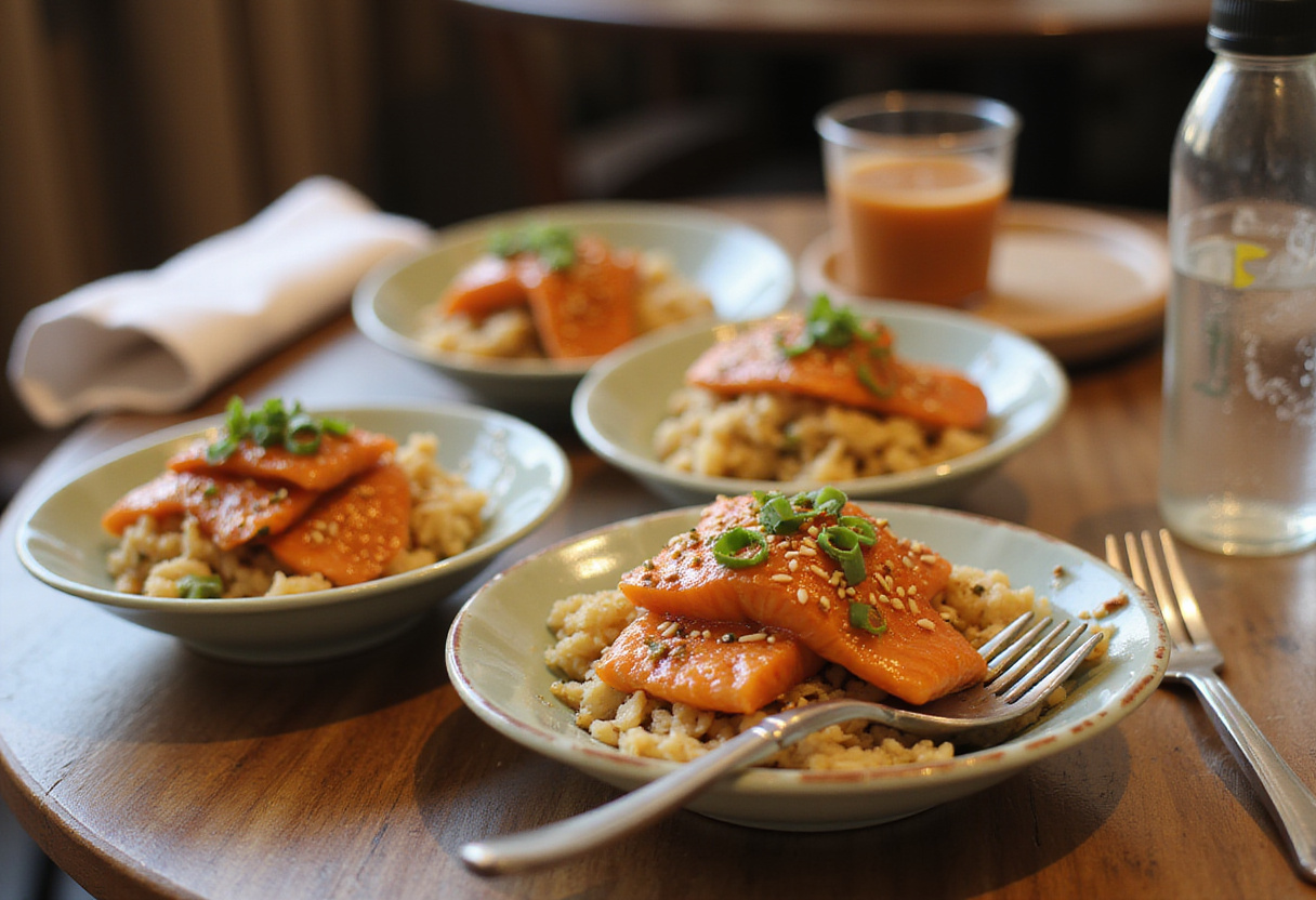 Delicious Honey Sriracha Salmon Bowls served with a colorful mix of fresh vegetables and rice, showcasing an appetizing presentation.