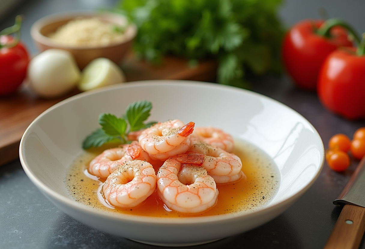 Marinating shrimp for Honey Walnut Shrimp, using cornstarch and seasonings, showcasing a vibrant kitchen setting.
