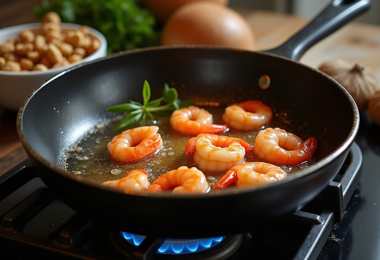 Frying shrimp for Honey Walnut Shrimp in a hot pan, highlighting the cooking process with walnuts nearby.
