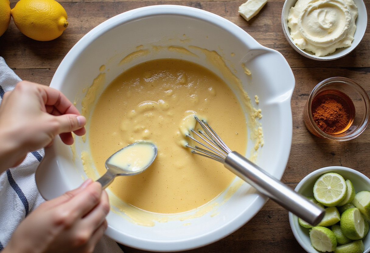 Preparing the sweet and creamy sauce for Honey Walnut Shrimp, with honey and mayonnaise in a bowl, displaying the preparation process.