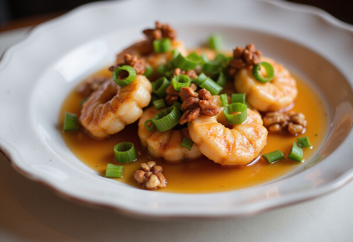 Plating Honey Walnut Shrimp with candied walnuts and green onions, showcasing an appetizing and beautifully arranged dish.