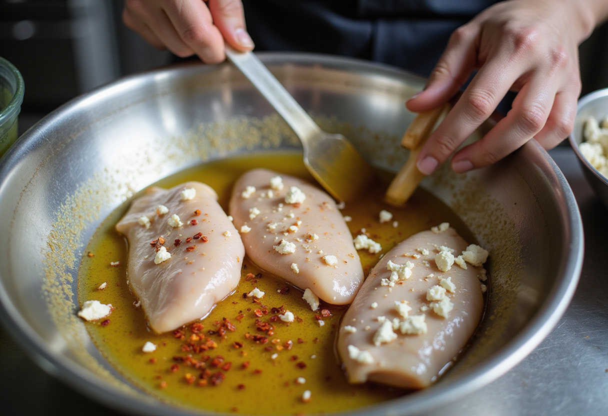 Delicious marinated chicken breasts in honey and feta mixture, preparing for a flavorful hot honey feta chicken dish.
