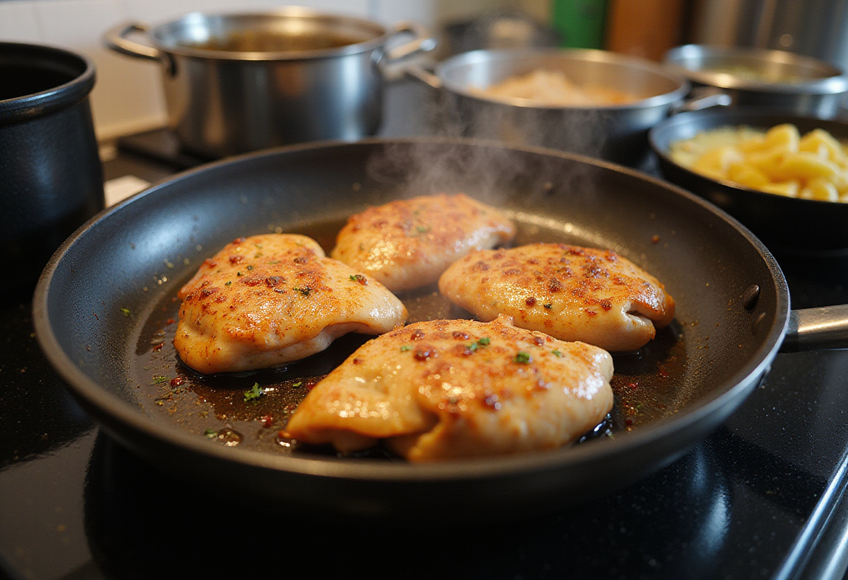 Juicy chicken breasts grilling to perfection, showcasing the savory preparation process for hot honey feta chicken.